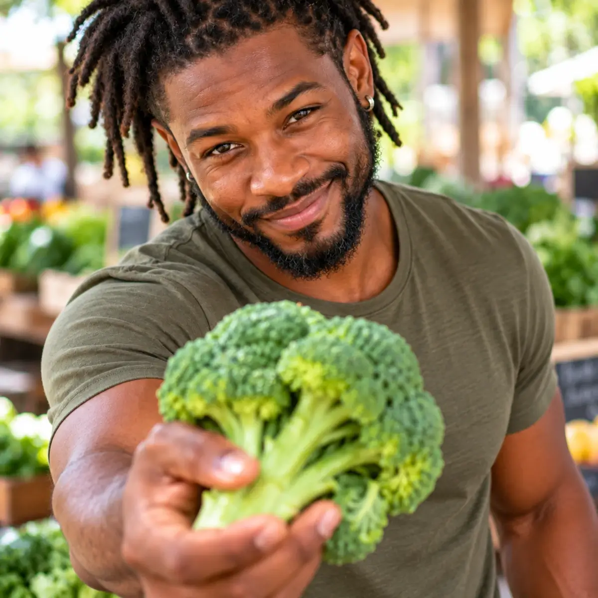 Sexy guy offering broccoli, by ChatGPT